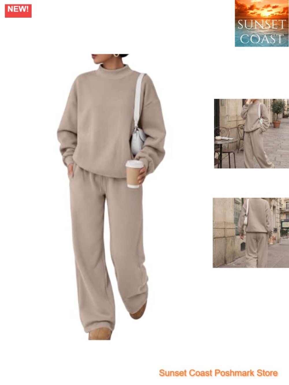 Women's Mock Neck 2 Piece Sweat Set Wide Leg Sweatpants Drawstring Cotton